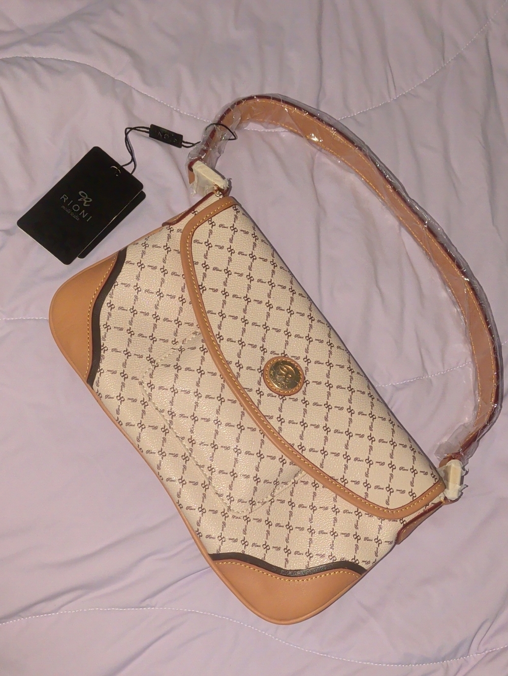 Rioni Cream Monogram Shoulder Bag with Tan Trim